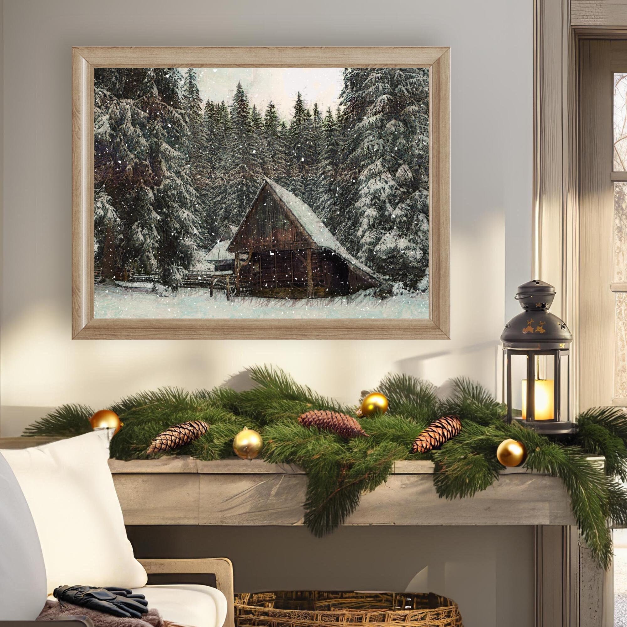 Winter Cabin in the Woods Print: Snowy Douglas Fir Forest Wall Art
