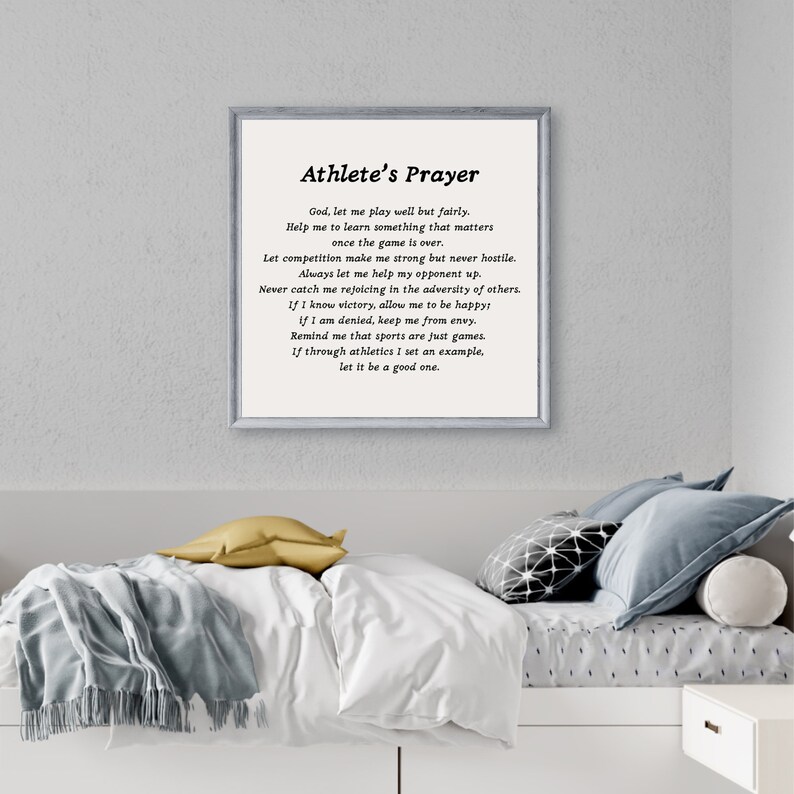 May include: A black and white printable wall art print with a motivational poem titled "Athlete's Prayer". The poem is about playing fairly, learning from mistakes, and being a good example.
