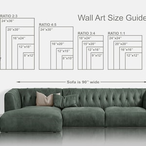 May include: A guide for choosing the right size wall art for a 90-inch wide sofa. The guide shows different aspect ratios and corresponding sizes in inches. For example, a 2:3 ratio can be 24"x36", 20"x30", 16"x24", 12"x18", or 8"x12".