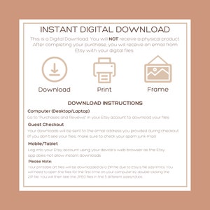 May include: A digital download instruction guide with a white background and brown text. The guide explains how to download digital files from Etsy after purchase. The guide includes icons for download, print, and frame. The guide also includes instructions for downloading files on a computer, guest checkout, and mobile devices.