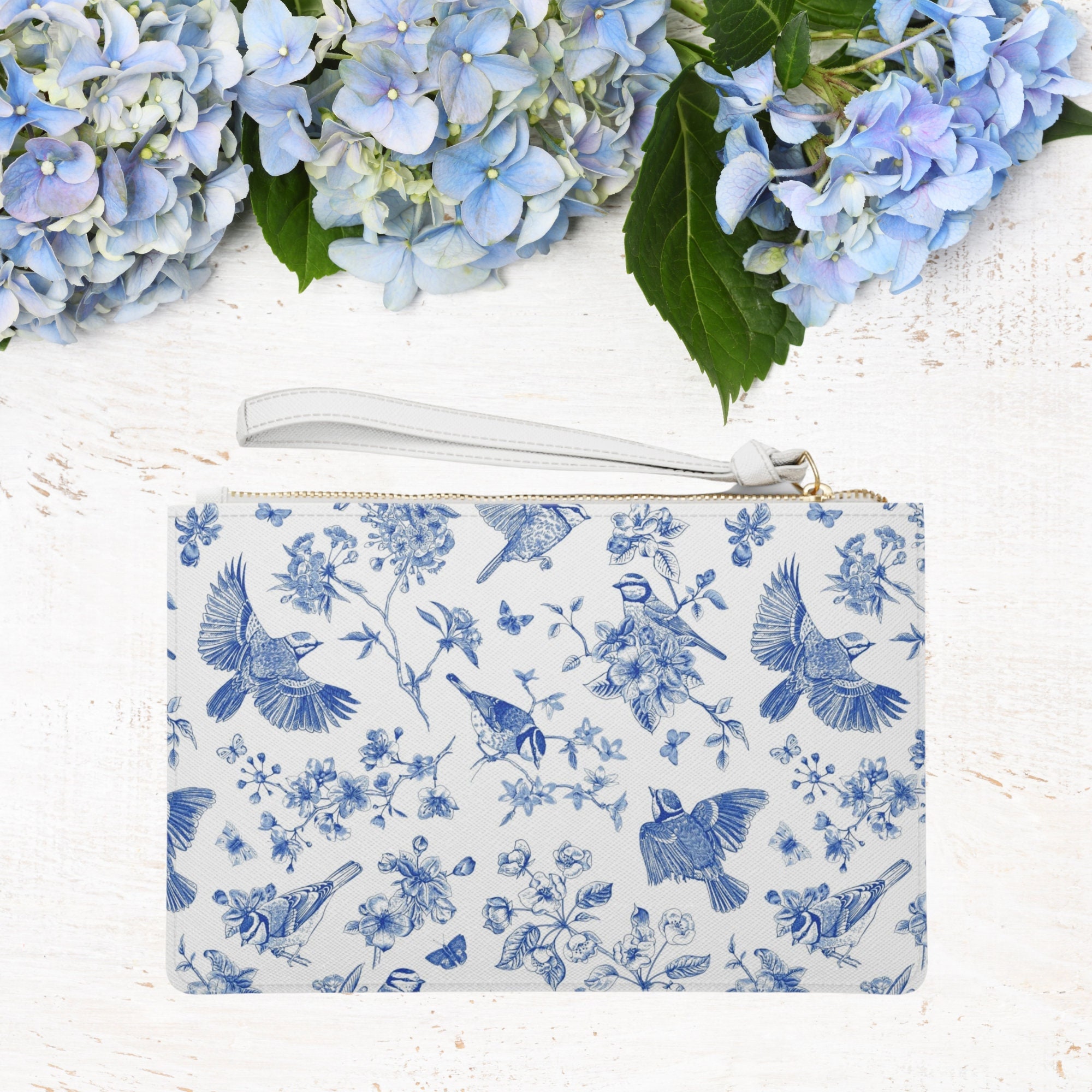 Chinoiserie Toile Vegan Leather Clutch: Blue Pagoda Womens Bag