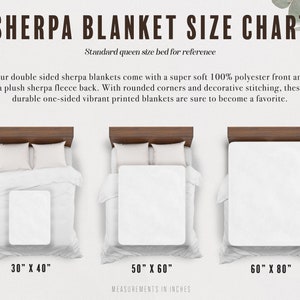 May include: Sherpa blanket size chart showing three different sizes: 30 inches by 40 inches, 50 inches by 60 inches, and 60 inches by 80 inches. The chart uses a standard queen size bed for reference.