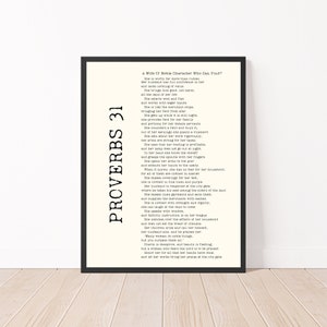May include: A black and white framed print of Proverbs 31, a biblical passage about a virtuous woman. The text is in a traditional font and is centered on the page.
