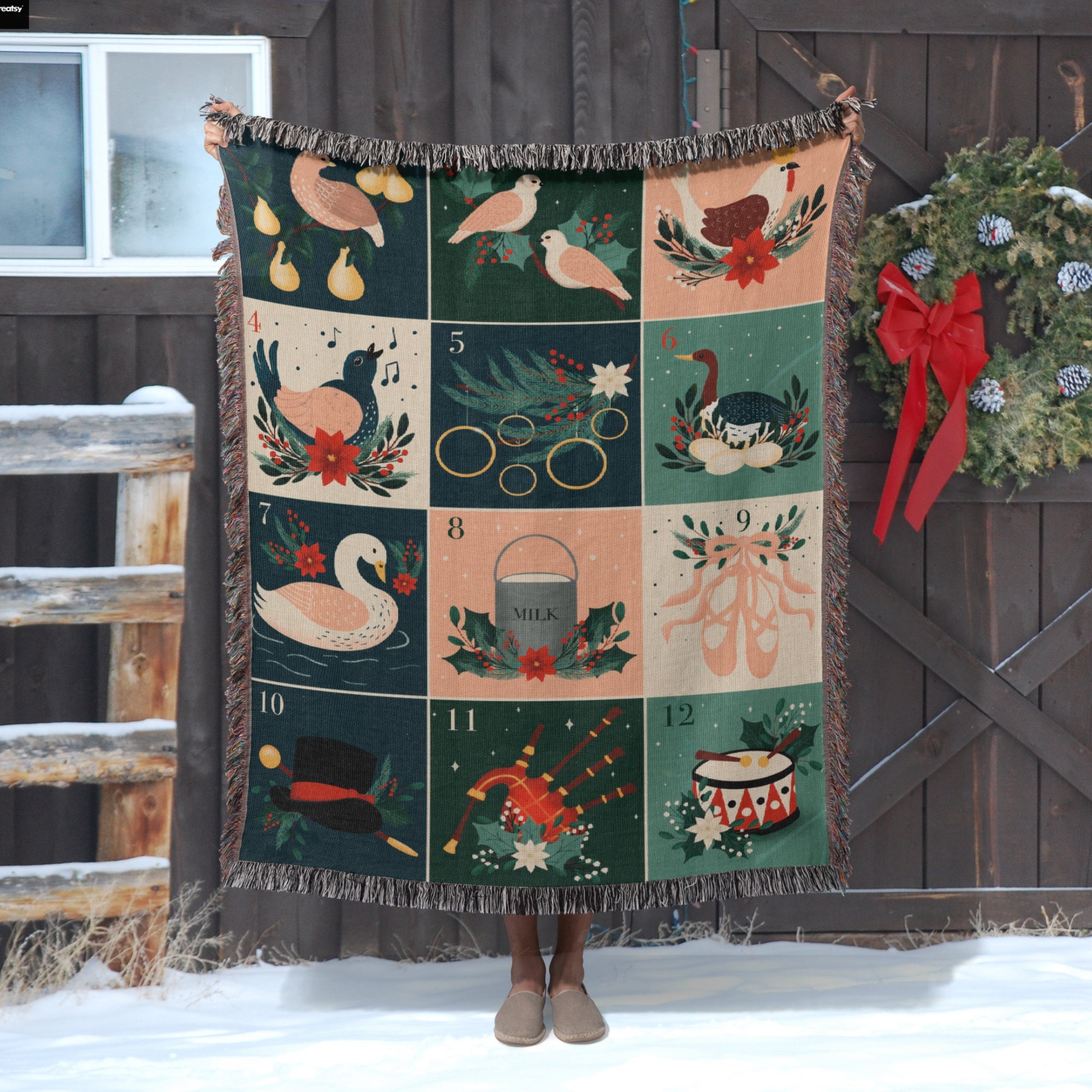 12 Days of Christmas Throw Blanket: Scandinavian Holiday Tapestry