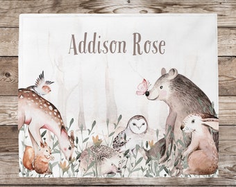 Woodland Animals Minky Blanket: Personalized Baby Swaddle