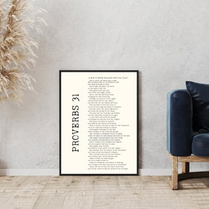 May include: A black and white printable wall art print with the text "Proverbs 31" and a poem about a virtuous woman. The poem is in a traditional font style.