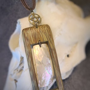 Bamboo & Mother of Pearl Necklace with Pentacle, Mauve Freshwater Pearl Dangle - Handmade