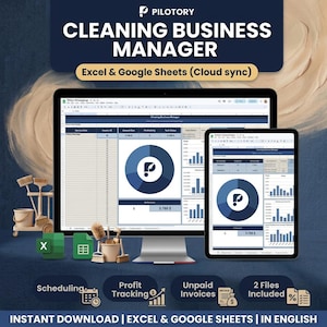May include: A digital cleaning business manager template for Excel and Google Sheets displayed on a computer monitor and tablet. The interface features data tables, pie charts, and bar graphs for tracking service dates, invoices, and profitability.