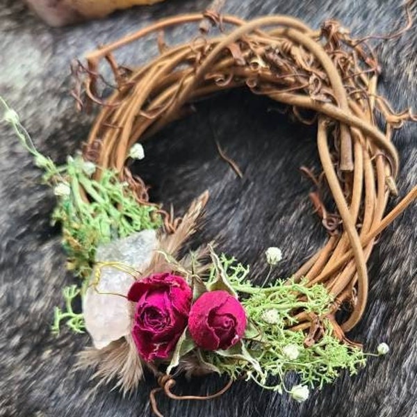 Mini Botanical Grapevine Wreath with Rose Quartz, Cottagecore,  Witch Decor,  Sacred Decor, Healing Decor. Love and healing.