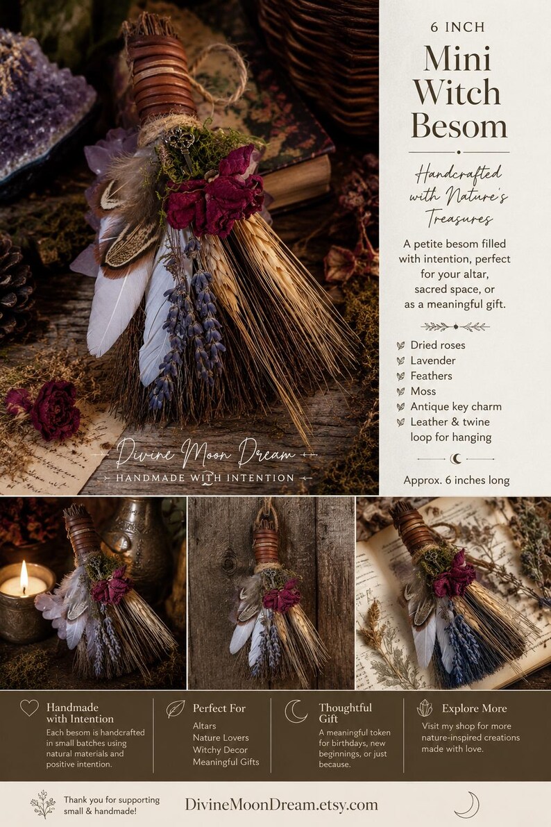Nature's Keepsake Besom | Handmade Mini Botanical Broom | Cottagecore Woodland Decor | Dried Lavender & Rose | Nature Inspired Gift image 4