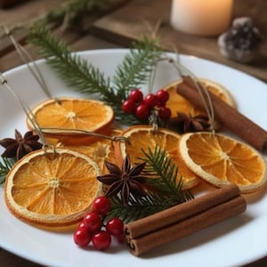 May include: A white plate features dried orange slices, cinnamon sticks, star anise, red berries, and evergreen sprigs. A lit candle and more cinnamon sticks are in the background, creating a festive, seasonal arrangement.