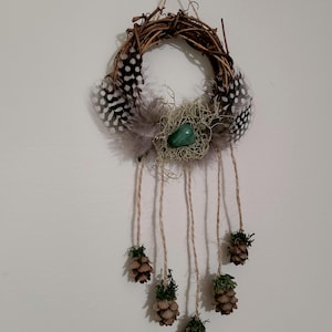 Mini Grapevine Wreath with Crystal | Feather and Moss Boho Wall Hanging | Pagan Decor | Witchy Gift | Woodland Home Decor. Forest Witch.