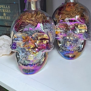 Crystal Glass Skull Bottle. Witchy Decor. Magic Witch Bottle. Gothic Home, Healing Crystals. Altar Decor. Witchy Items. Moody Decor.
