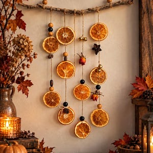 May include: A wall hanging decoration featuring dried orange slices suspended from a natural wooden branch by twine. The arrangement includes wooden beads, small metallic bells, dried rosebuds, and star anise, creating a layered vertical display.
