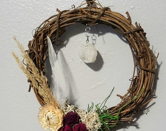 Wreath, Crystal Quartz Druzy. Rustic Boho, Nature Inspired. Cottagecore, Witch Decor, Dried Floral Wreath.  Healing Decor.