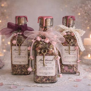 Puede incluir: Tres tarros de vidrio decorativos llenos de flores y hierbas secas, cada uno adornado con un dije de llave, una cinta y una etiqueta que dice "Heartbound Love Spell Jar". Los tarros están sellados con cera y colocados sobre un mantel de encaje.