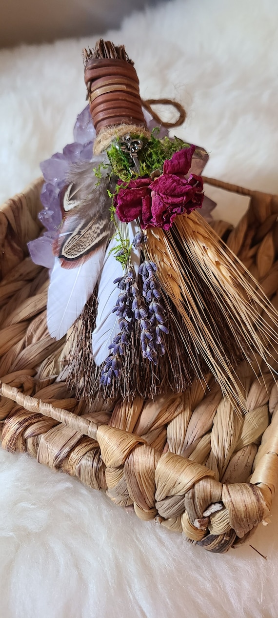 Floral Besom, Altar Broom, Pagan Decor. Witchy Home Decor. House Protection.  Handmade Gift. Cinnamon Broom. Dried Rose, Lavender.