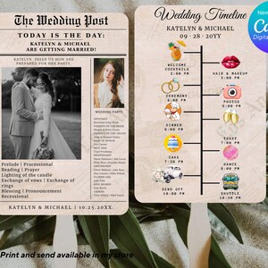 Peut inclure: Une annonce de mariage dans le style d'un journal avec une photo du couple et un calendrier des événements de la journée de mariage. Le titre principal est "The Wedding Post" et le sous-titre est "Today is the day: Katelyn & Michael are getting married!" Le calendrier comprend des événements tels que les cocktails de bienvenue, la cérémonie, le dîner, le toast, le gâteau, la danse, le départ et la navette. L'annonce comprend également une liste de la fête de mariage.