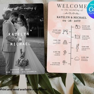Peut inclure: Un éventail de programme de mariage avec une photo en noir et blanc du couple, Katelyn et Michael, sur le côté gauche. Le côté droit a un fond aquarelle rose avec un horaire de mariage, y compris la cérémonie de mariage, le déjeuner, l'heure du cocktail et le dîner.
