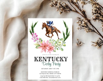 May include: A Kentucky Derby party invitation featuring a watercolour illustration of a horse and jockey, surrounded by pink and green floral accents. The text reads "Join us as we celebrate Kentucky Derby Party, Saturday, May 7 at 2 PM, Ashford Farms & Stables, 123 Equus Rd, Mane City 45678, rsvp by 08 September to Julie, +333 444 555 email@email.com".