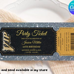 Könnte beinhalten: Eine Party-Ticket-Einladung mit einem schwarz-goldenen Design, das den Text "Party Ticket" und Veranstaltungsdetails enthält. Das Ticket enthält einen VIP-Bereich und einen Barcode, vor einem glitzernden grauen Hintergrund.