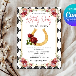 Pode incluir: Um convite imprimível para uma festa de observação do Kentucky Derby. O convite apresenta um fundo xadrez preto e branco com uma ferradura dourada e rosas vermelhas. O texto do convite diz "Por favor, junte-se a nós para uma festa de observação do Kentucky Derby" e inclui a data, a hora e o local da festa.