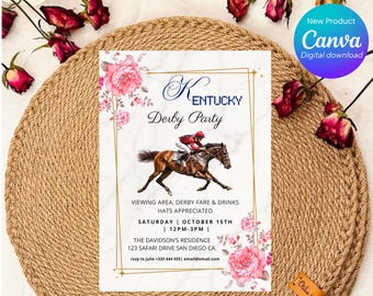 May include: A printable invitation for a Kentucky Derby party featuring a floral design and an illustration of a horse and jockey. The invitation includes the text "Kentucky Derby Party", "Viewing area, derby fare & drinks, hats appreciated", "Saturday | October 15th | 12PM-3PM", "The Davidson's Residence, 123 Safari Drive San Diego CA", and "RSVP to Julie +333 444 555 email@email.com".