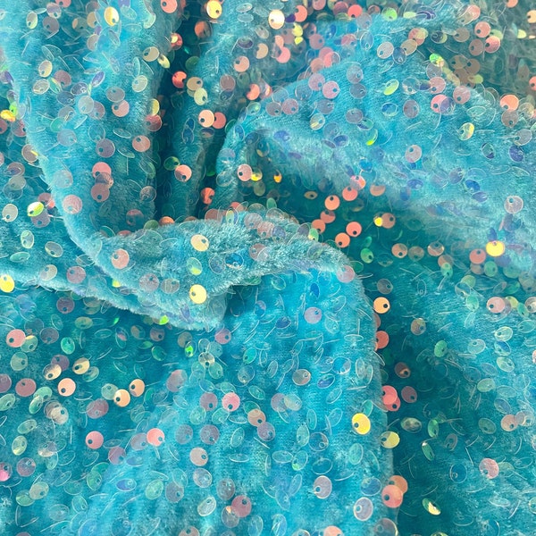 Tiffany Blue   | Stretch Sequin Velvet | Sequin Fabric | Velvet | DIY | Bows | Clothing | Fast Shipping | USA