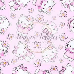 Bonjour chat rose| Précommande | Tissu par mètre | Balle | SPD | Côtes larges | Imprimé holographique | Etats-Unis