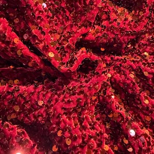 May include: Close-up of a deep red velvet fabric covered in small, round, gold sequins. The fabric is heavily textured with visible folds and shadows, creating a luxurious and shimmering effect. The sequins catch the light, adding sparkle.