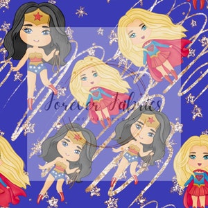 Filles super-héros | Précommande de tissu par mètre | Balle | SPD | Côtes larges | Imprimé holographique | Etats-Unis