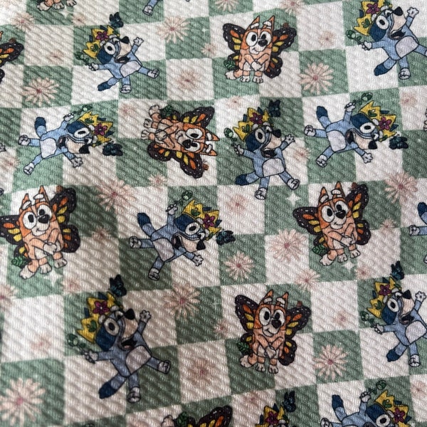 Green Checkered Blue | Printed Bullet Fabric | DIY | Clothing | Bows | USA | Fast Shipping