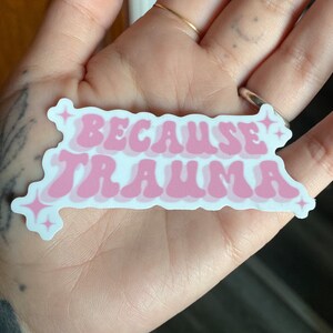 K&ouml;nnte beinhalten: Rosafarbener Aufkleber mit dem Text "Because Trauma" in einer Retro-Schriftart mit wei&szlig;en Sternen auf beiden Seiten.
