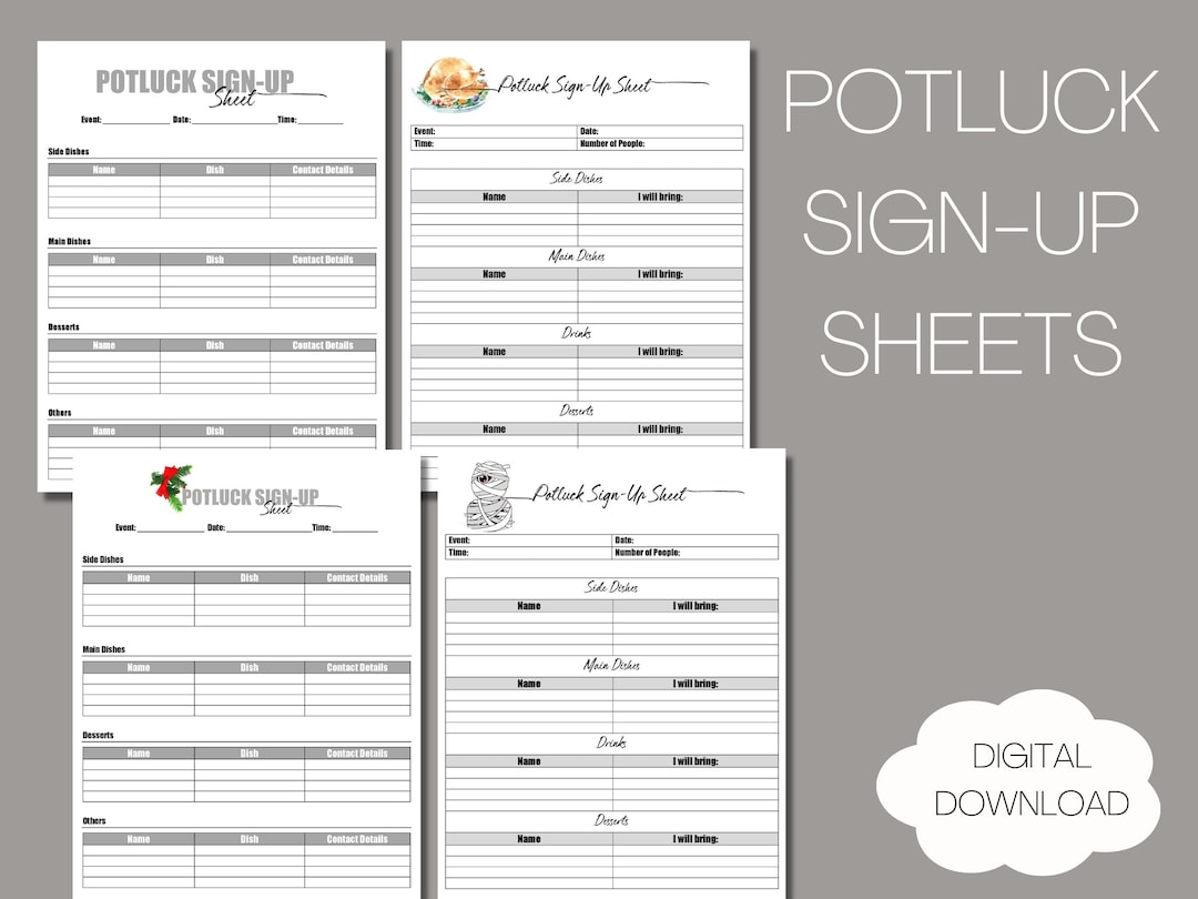 Potluck Sign up Sheet, Printable PDF, Christmas, Thanksgiving ...