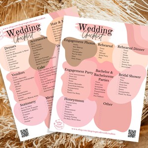 May include: A pink and brown checklist for wedding planning. The checklist includes categories for dresses, accessories, vendors, cake, stationery, hair and makeup, engagement photos, rehearsal, rehearsal dinner, engagement party, bachelor and bachelorette parties, bridal shower, honeymoon, and other.