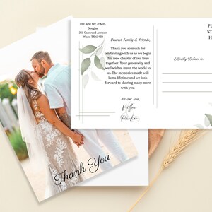 Hochzeit Dankeskarte, DRUCKBARE Fotovorlage, Sage Green Vine, Benutzerdefiniertes Canva Design, Moderne Danksagung, doppelseitige Postkarte