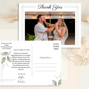 Hochzeit Danke, DRUCKBARE Vorlage, klassische Salbeigrüne Rebe, personalisiertes Foto, doppelseitige Postkarte, benutzerdefinierte DIY bearbeitbare typisierte Nachricht