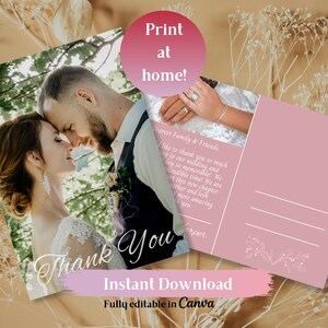 May include: A pink wedding thank you postcard design with a photo of a couple. The postcard includes the text "Thank You" in script, and the phrases "Print at home!" and "Instant Download, Fully editable in Canva."
