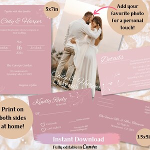 Wedding Invitation Set, PRINTABLE Photo Template Bundle, RSVP Postcard, Dusty Rose, Custom Editable Text, Personalized Picture Invite Group