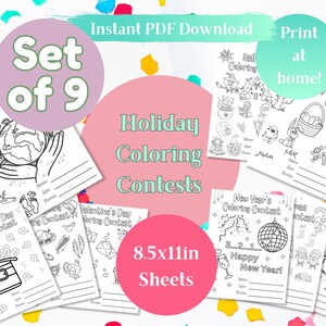 Holiday Coloring Contest Printable Drawing Pages, DIY Craft, Children's Party Game, Kid's Fun Activity, US Letter Size, Set of 9 Digital PDF