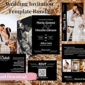 Pacote de modelos de convites de casamento pretos, impressão personalizada, RSVP com código QR, reserva de data com foto, combinação de agradecimento, design pessoal minimalista