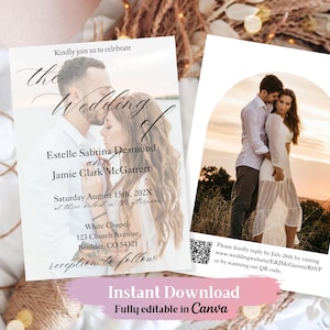 Arch Photo Wedding Invitation Template, PRINTABLE Modern Design, Custom QR Code rsvp, 5x7 Two Picture Invite, Instant Download, Editable DIY