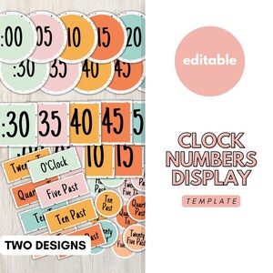 Visualización de números de reloj / Aprender la hora, Enseñar la hora, Etiquetas de números de reloj, Visualización en el aula, Decoración del aula, Etiquetas para el aula