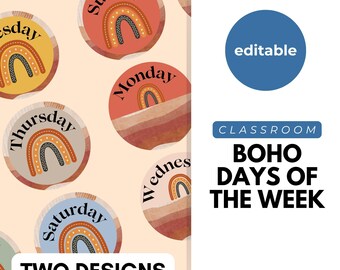 Etiquetas de los días de la semana con arcoíris bohemio, decoración del aula, exhibición del aula, calendario