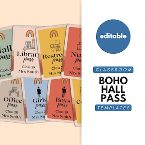 Boho Regenbogen Klassenzimmer Pass, Canva Vorlagen, Badezimmer, Toiletten, Büro, Grundschule, Gymnasium, Lehrerpässe