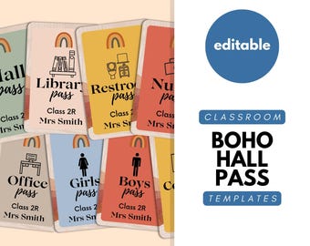 Boho Rainbow Classroom Hall Pass, Szablony Canva, Łazienka, Toaleta, Biuro, Szkoła podstawowa, Liceum, Karnety dla nauczycieli