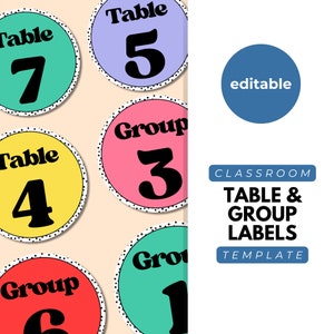 May include: Editable classroom table and group labels with numbers 1 through 7. The labels are colourful and have a polka dot border. The text "Table" and "Group" are in black text with a white outline. The labels are designed for use in a classroom setting.