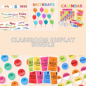 Classroom Display Bundle, Classroom Labels, Classroom Poster, Bright, INSTANT DOWNLOAD, Home School Decor