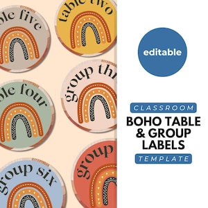 Boho Rainbow Classroom Table Labels, Group Signs, Table Numbers Pack, Group Number Signs, Labels, Classroom Decor