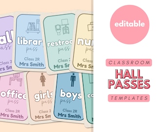 Classroom Hall Pass, Canva Templates, Passes, Bathroom, Restroom, Office, Elementary School, High School, Teacher, Back to School, Pastel